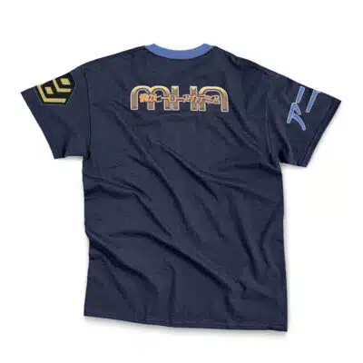 The Iskandar Rider Fate Zero Streetwear T-Shirt features bold "MHA" lettering, Japanese text on the back, a yellow geometric design on the left sleeve, and blue graphic accents on the right sleeve.