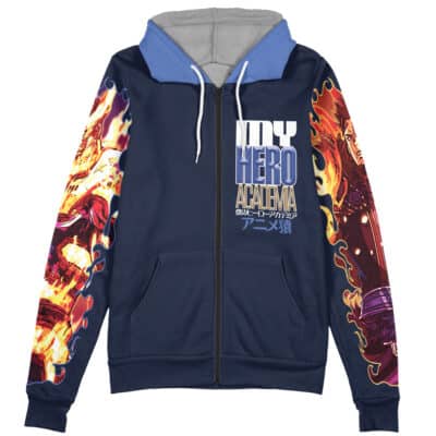 Navy blue Iskandar Rider Fate Zero Streetwear zip-up hoodie with bold text on the front, vibrant anime-style graphics on both sleeves, a light gray hood lining, and white drawstrings for a stylish streetwear look.