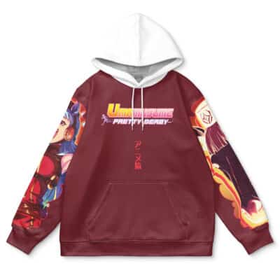 The Special Week Umamusume Streetwear Hoodie (Copy) is maroon with a white hood, featuring anime-style art on the sleeves and chest, plus "Uma Musume Pretty Derby" in bold yellow and pink text.