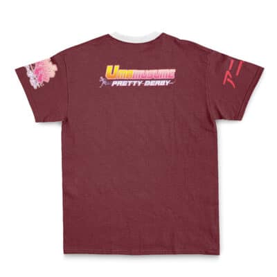 The Special Week Umamusume Streetwear T-Shirt features a maroon color, UMAMUSUME PRETTY DERBY and a small running horse on the back, pink and white graphics on the right sleeve, red graphics on the left sleeve, and a light gray collar.