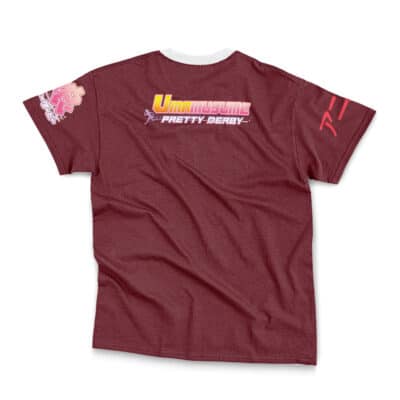The Special Week Umamusume Streetwear T-Shirt features maroon fabric, Uma Musume Pretty Derby and horse silhouettes on the back, pink and white graphics on the left sleeve, and red Japanese text on the right sleeve.