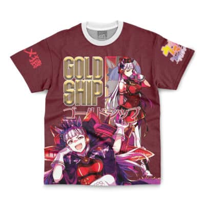The Special Week Umamusume Streetwear T-Shirt features two anime characters with crowns in red and purple outfits, bold gold "GOLD SHIP" text, and Japanese characters on the front and left sleeve.