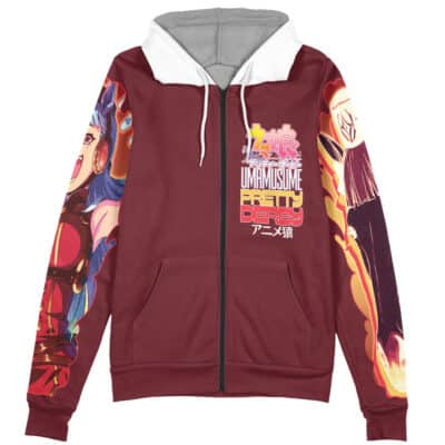 The Special Week Umamusume Streetwear Zip Hoodie Jacket features a maroon zip-up design with white hood lining, anime-style characters on both sleeves, and colorful "Uma Musume Pretty Derby" text on the chest.