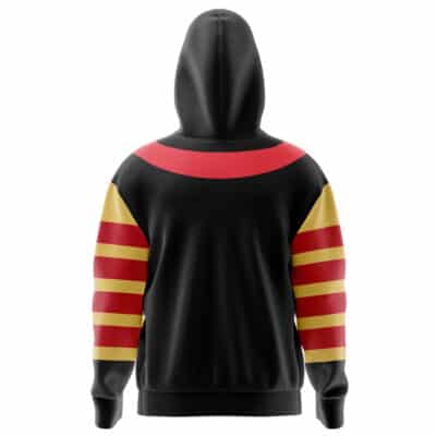 The Default Full Face Zip Hoodie (Copy) is a black hoodie with red and gold stripes on the sleeves and a bold red curved stripe across the upper back and shoulders, shown from the back.