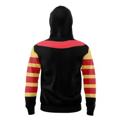 The Han'nya Cosplay Rurouni Kenshin Masked Hoodie (Copy) is a black hoodie with red and yellow stripes on the sleeves and a bold red stripe across the back and shoulders, as shown from the rear view.