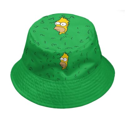 The Konohat Defector Shippuden Custom Bucket Hat features a green design with a cartoon character’s face peeking from bushes, repeated twice around the hat.
