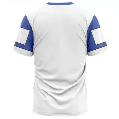 The image shows the back view of the Crimson Thunder Ranger Ninja Storm Power Rangers T-Shirt, a white short-sleeved jersey with blue sleeves, blue collar, and rectangular white patches outlined in black on the upper arms.