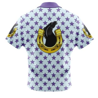 The Johnny Joestar Anime Jojo’s Bizarre Adventure Steel Ball Run Button Up Hawaiian Shirt features short sleeves, a light background with purple star patterns, and a large black horse head in a gold horseshoe on the back, plus smaller motifs on both sleeves.