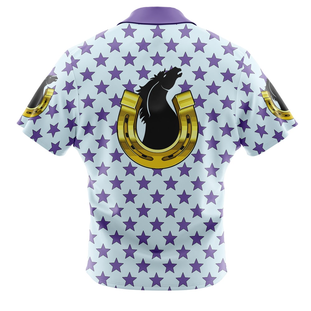 The Johnny Joestar Anime Jojo’s Bizarre Adventure Steel Ball Run Button Up Hawaiian Shirt features short sleeves, a light background with purple star patterns, and a large black horse head in a gold horseshoe on the back, plus smaller motifs on both sleeves.