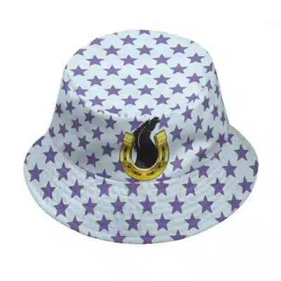 The Bartholomew Kuma Cosplay One Piece Custom Bucket Hat is a white hat with purple stars and a gold horseshoe featuring a black horse head logo on the front.