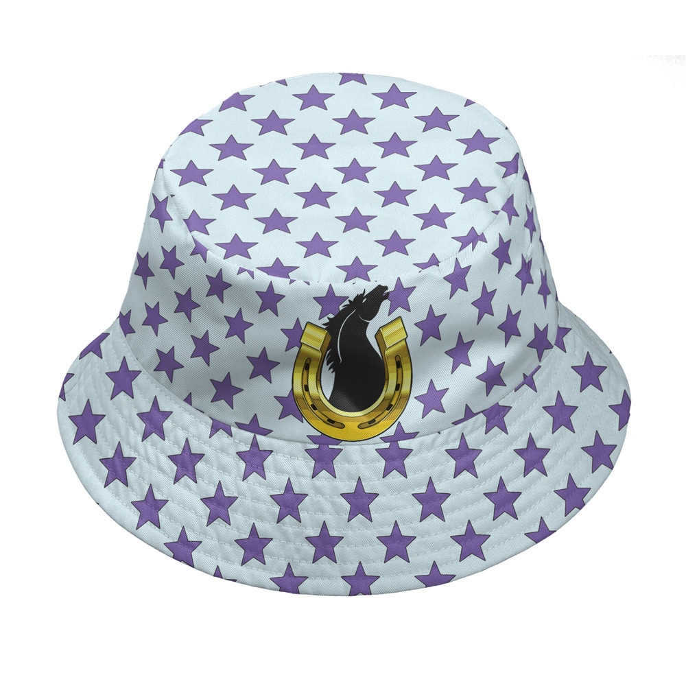 The Bartholomew Kuma Cosplay One Piece Custom Bucket Hat is a white hat with purple stars and a gold horseshoe featuring a black horse head logo on the front.