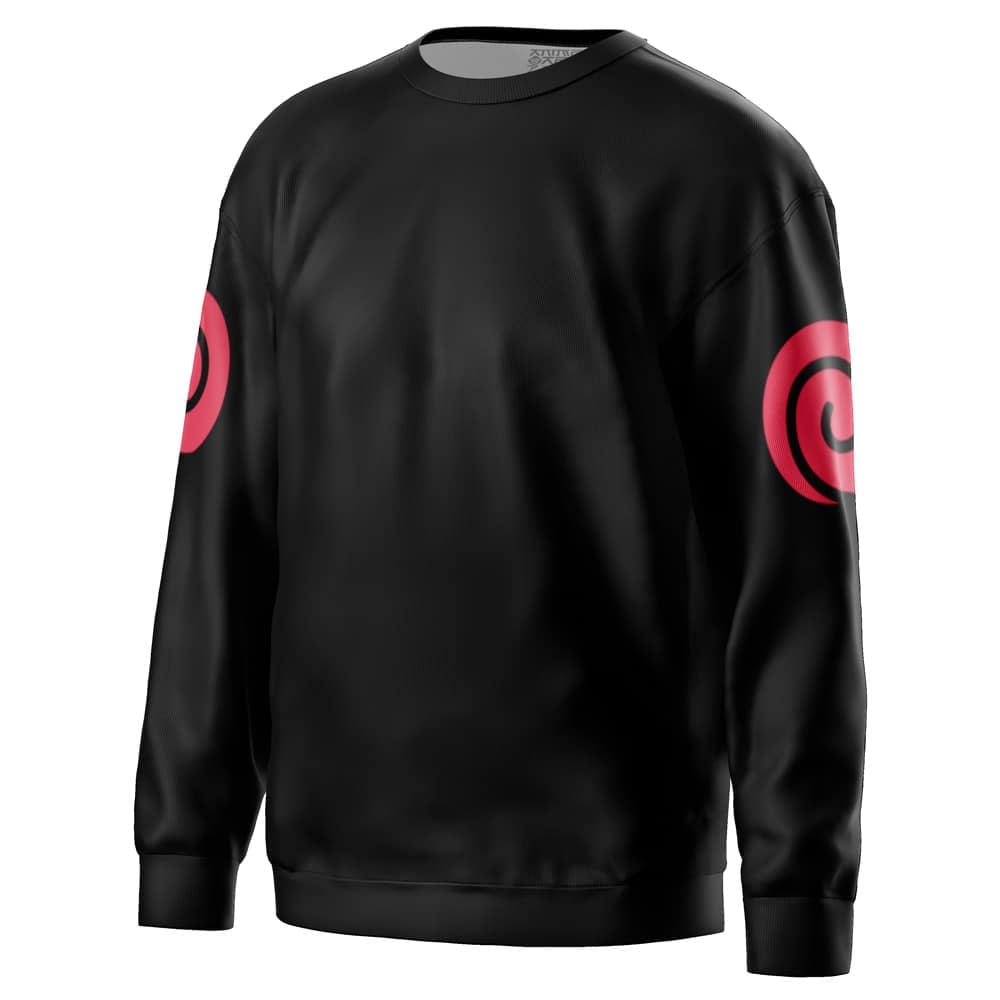 The Hana Uzaki Sugoi Dekai Uzaki-chan Wants to Hang Out! Sweatshirt (Copy) is a black crewneck with long sleeves and red spiral designs on both upper arms, displayed on a plain white background.