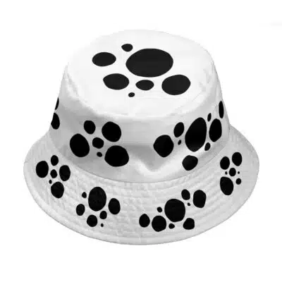 The Straw Hat Grand Fleet One Piece Custom Bucket Hat features a white design with black polka dots of various sizes scattered across the crown and brim.
