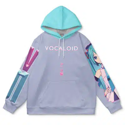The Hatsune Miku Vocaloid Streetwear Hoodie (Copy) features a lavender body, blue hood, "VOCALOID" on the chest, colorful geometric sleeve designs, and an anime-style teal-haired character printed on the other sleeve.