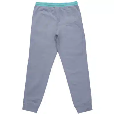 Hatsune Miku Vocaloid Streetwear Sweatpants (Copy) in light purple, featuring a teal elastic waistband, tapered legs, and ribbed ankle cuffs. Shown laid flat with the back side facing up.
