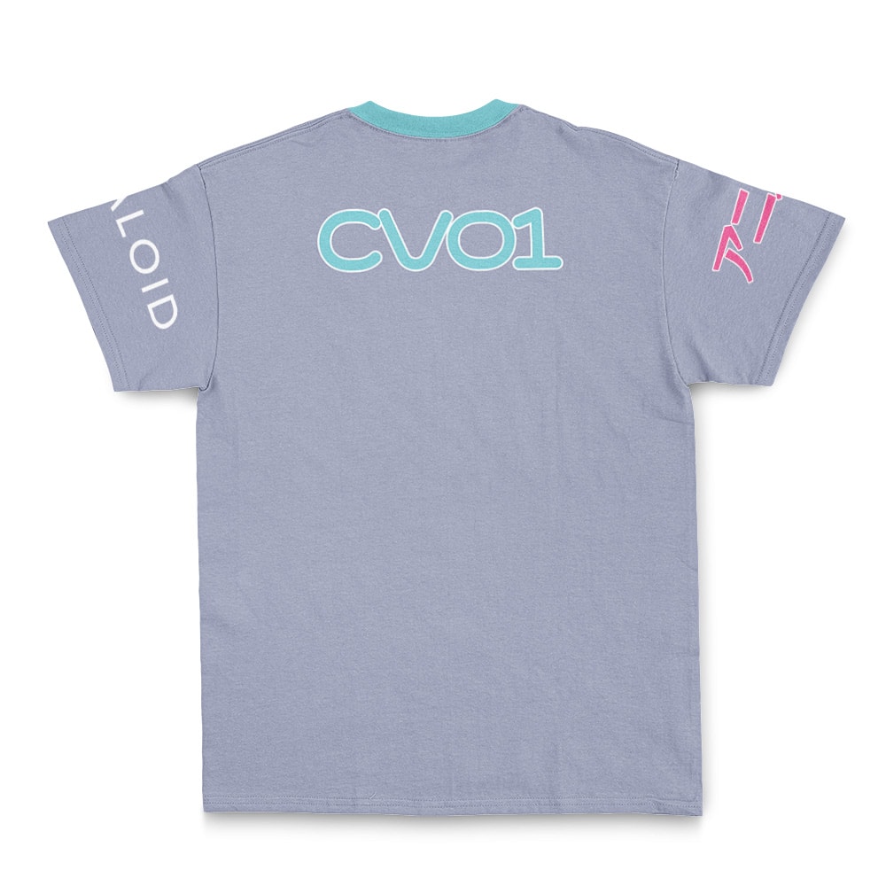 The Hatsune Miku Vocaloid Streetwear T-Shirt features a light purple base, CVO1 in large aqua and white letters on the back, LOID on the left sleeve, pink text on the right sleeve, and a teal collar.