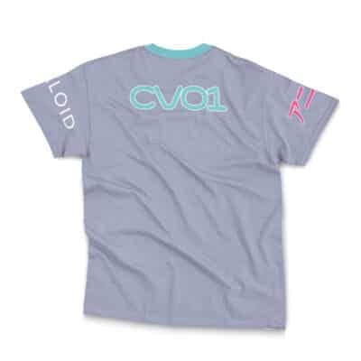 The Hatsune Miku Vocaloid Streetwear T-Shirt (Copy) features a light purple base, turquoise collar, large turquoise "CV01" on the back, "LOID" in white on the left sleeve, and a pink design on the right sleeve.