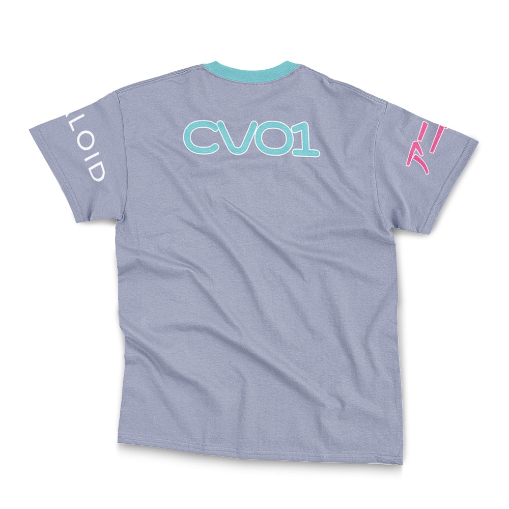 The Hatsune Miku Vocaloid Streetwear T-Shirt (Copy) features a light purple base, turquoise collar, large turquoise "CV01" on the back, "LOID" in white on the left sleeve, and a pink design on the right sleeve.