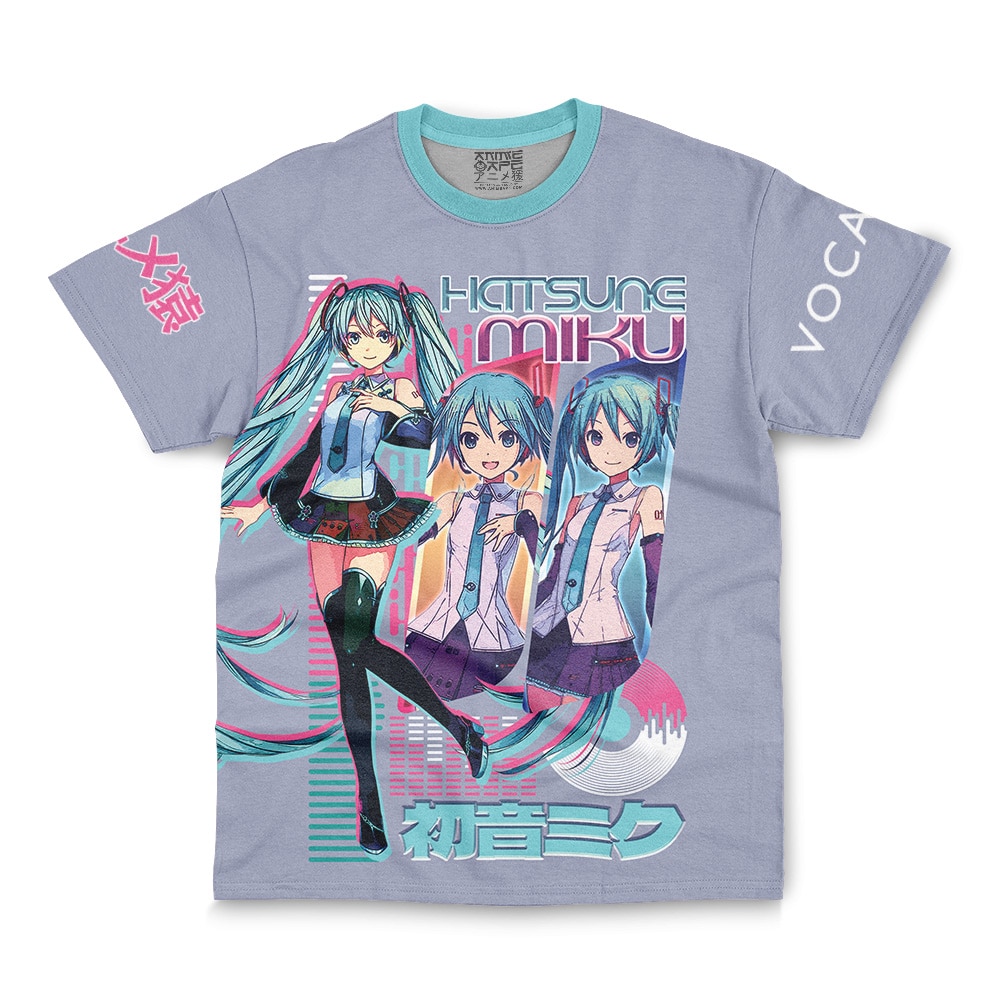 The Hatsune Miku Vocaloid Streetwear T-Shirt (Copy) is light purple with teal collar and sleeves, showcasing three vibrant Hatsune Miku illustrations, Japanese text, and bold “Hatsune Miku” and “Vocaloid” lettering in stylish fonts.