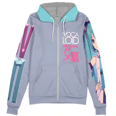 The Hatsune Miku Vocaloid Streetwear Zip Hoodie Jacket features a light purple zip-up design, teal hood, white and pink VOCALOID text with Japanese characters, and an anime-style teal-haired girl on the right sleeve and side.