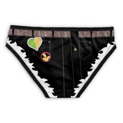 The Zhu Yuan Pubsec Zenless Zone Zero Panties (Copy) are black bikini-cut underwear featuring pant-like printed details—a brown belt, pockets, white jagged edges, a green-yellow heart pin, and a circular tan-brown symbol.