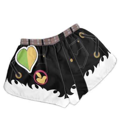 The Zhu Yuan Pubsec Zenless Zone Zero Panties (Copy) are black and white shorts with green, yellow, and white heart details, a pink circle featuring a yellow shape, abstract lines, and a white flame border along the bottom.