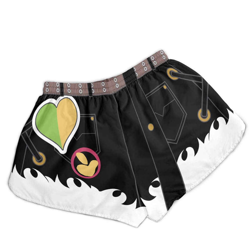 The Zhu Yuan Pubsec Zenless Zone Zero Panties (Copy) are black and white shorts with green, yellow, and white heart details, a pink circle featuring a yellow shape, abstract lines, and a white flame border along the bottom.