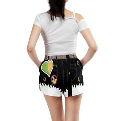 A woman faces away, wearing Zhu Yuan Pubsec Zenless Zone Zero Panties—black shorts with colorful heart and peace sign patches, white flame patterns, and belt details, paired with a white off-shoulder crop top.