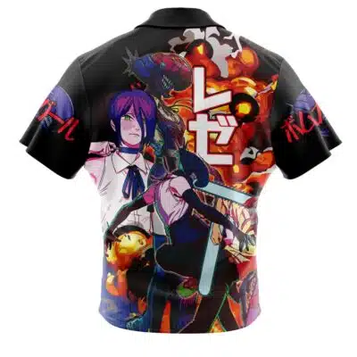 The Red Ranger Dino Fury Power Rangers Button Up Hawaiian Shirt features vibrant anime-style characters, bold Japanese text on the back, dynamic flames, and colorful figures—all in a lively, short-sleeved design.