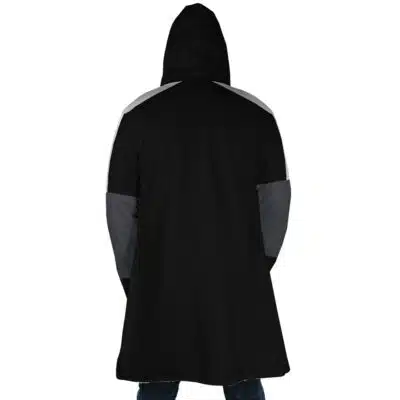 A person is shown from the back wearing the Rimuru Tempest Cosplay That Time I Got Reincarnated as a Slime Dream Cloak Coat—it's long, black, with gray accents on the shoulders and sleeves, extending to the knees with the hood up.