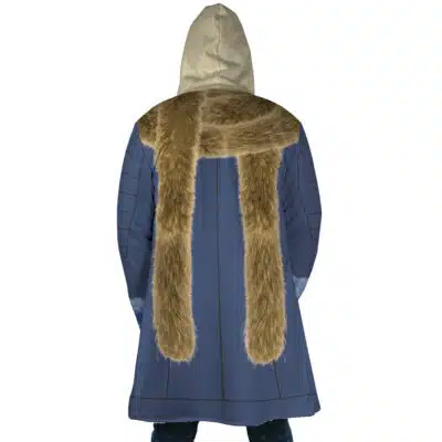 A person wearing the Kuzan Timeskip Cosplay One Piece Dream Cloak Coat (Copy) is seen from behind, featuring a blue exterior, large furry brown collar, beige hood, and long faux fur trim draping down the back.