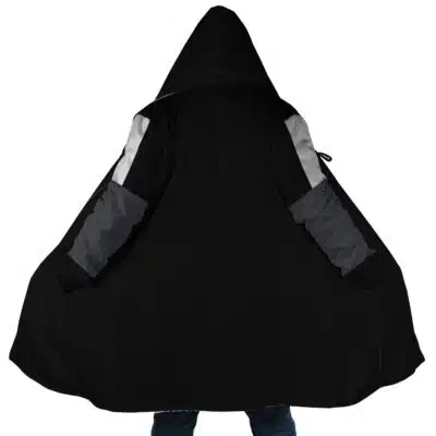 A person wearing the Rimuru Tempest Cosplay That Time I Got Reincarnated as a Slime Dream Cloak Coat with wide, outstretched sides and gray sleeves; photo taken from behind against a white background.