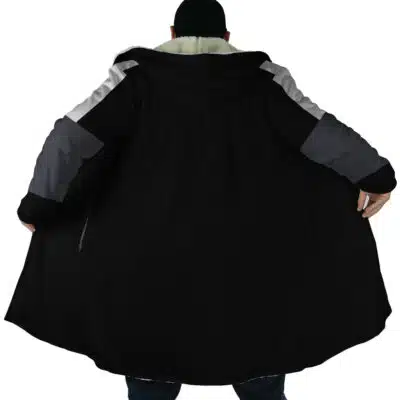 Someone wearing the Rimuru Tempest Cosplay Dream Cloak Coat from That Time I Got Reincarnated as a Slime stands with their back to the camera, spreading open the long black hooded coat with gray accents to display its full width.