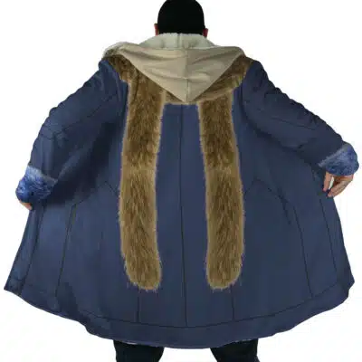 A person models the Kuzan Timeskip Cosplay One Piece Dream Cloak Coat, showing off the blue coat’s hood and long brown fur trim on the back.