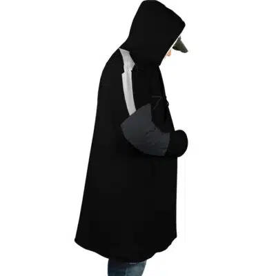 Someone stands in profile facing left with hands in pockets, wearing the Rimuru Tempest Cosplay That Time I Got Reincarnated as a Slime Dream Cloak Coat against a white background.