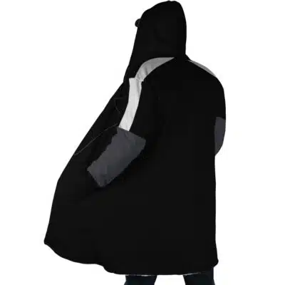 A person models the Rimuru Tempest Cosplay Dream Cloak Coat from That Time I Got Reincarnated as a Slime, featuring a long black hooded design with gray and white geometric accents, standing against a plain white background.