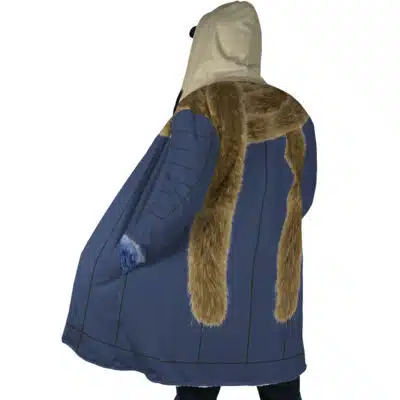 A person wearing the Kuzan Timeskip Cosplay One Piece Dream Cloak Coat (Copy), featuring a blue design with brown faux fur trim and a beige hood, seen from the back. Long brown fur accents drape over the shoulders and sleeves.