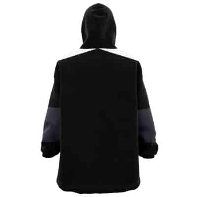 The Rimuru Tempest Cosplay That Time I Got Reincarnated as a Slime Oversized Blanket Hoodie is black with white and dark gray color blocks on the shoulders and sleeves, shown from the back with a hooded design.