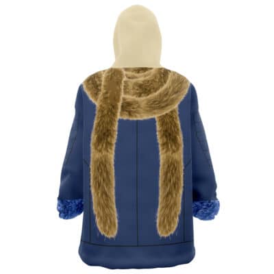 The view from behind shows the Frieren Cosplay Frieren Beyond the Journey’s End Oversized Blanket Hoodie featuring a beige hood, dark blue body, blue furry cuffs, and a large brown faux fur scarf draped over the shoulders.