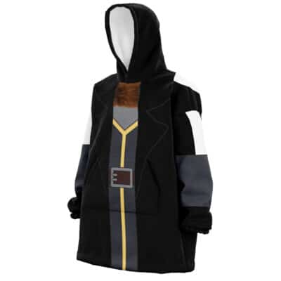 Stay cozy in the Rimuru Tempest Cosplay That Time I Got Reincarnated as a Slime Oversized Blanket Hoodie, featuring a black coat design with fur collar, gold trim, red belt graphic, long sleeves, large hood, and white-gray arm accents.