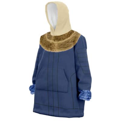 The Frieren Cosplay Frieren Beyond the Journey’s End Oversized Blanket Hoodie features a blue body, beige hood with brown faux fur trim, blue and white furry mittens, and a large front pocket, shown on a white background.