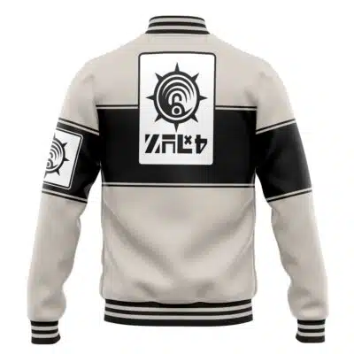 The Default Varsity Jacket (Copy) is shown from the back in light gray and black, featuring bold graphic patches like a circular ray emblem and an abstract design with stylized text.