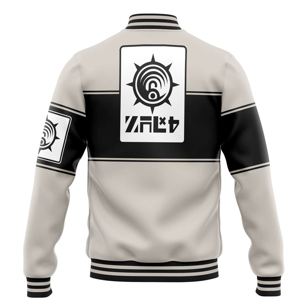 The Default Varsity Jacket (Copy) is shown from the back in light gray and black, featuring bold graphic patches like a circular ray emblem and an abstract design with stylized text.