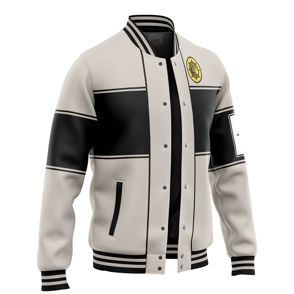 The Default Varsity Jacket (Copy) features a cream and black varsity style, black geometric panels, striped cuffs and hem, a yellow chest patch, a rectangular sleeve patch, and front buttons.