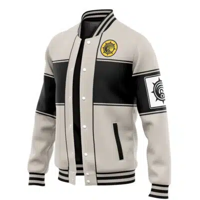 The Default Varsity Jacket (Copy) is light gray and black, featuring a yellow circular emblem on the left chest, a black-and-white emblem on the right sleeve, black trim, and white buttons.