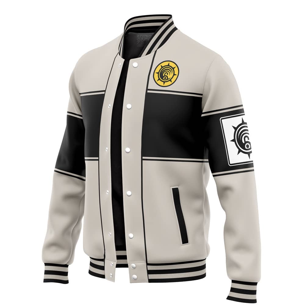 The Default Varsity Jacket (Copy) is light gray and black, featuring a yellow circular emblem on the left chest, a black-and-white emblem on the right sleeve, black trim, and white buttons.