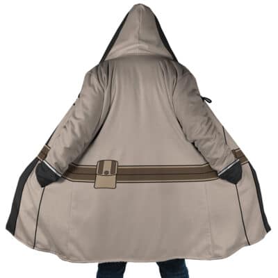 A person wearing the Cid Kageno Shadow Cosplay Dream Cloak Coat from The Eminence in Shadow, shown from the back. The light brown cloak features a printed brown belt design across the back, wide sleeves, and dark side trim.