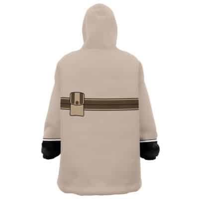 A person wears the Cid Kageno Shadow Cosplay The Eminence in Shadow Oversized Blanket Hoodie, featuring a beige color with a printed brown belt and buckle on the back; their hands are covered by black gloves.