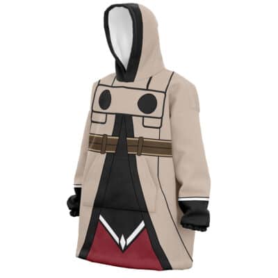 The Cid Kageno Shadow Cosplay The Eminence in Shadow Oversized Blanket Hoodie features a printed trench coat pattern, brown belt, black gloves, red accents, and an up hood for a stylized character look with no visible face.
