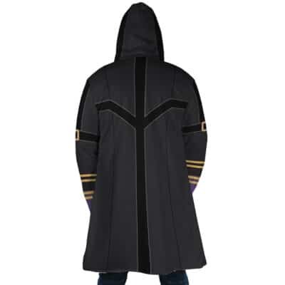 A person is seen from the back wearing the Rimuru Tempest Cosplay V2 Dream Cloak Coat, a long black hooded coat with geometric black lines, gold and purple bands on the sleeves, and a length that reaches below the knees.